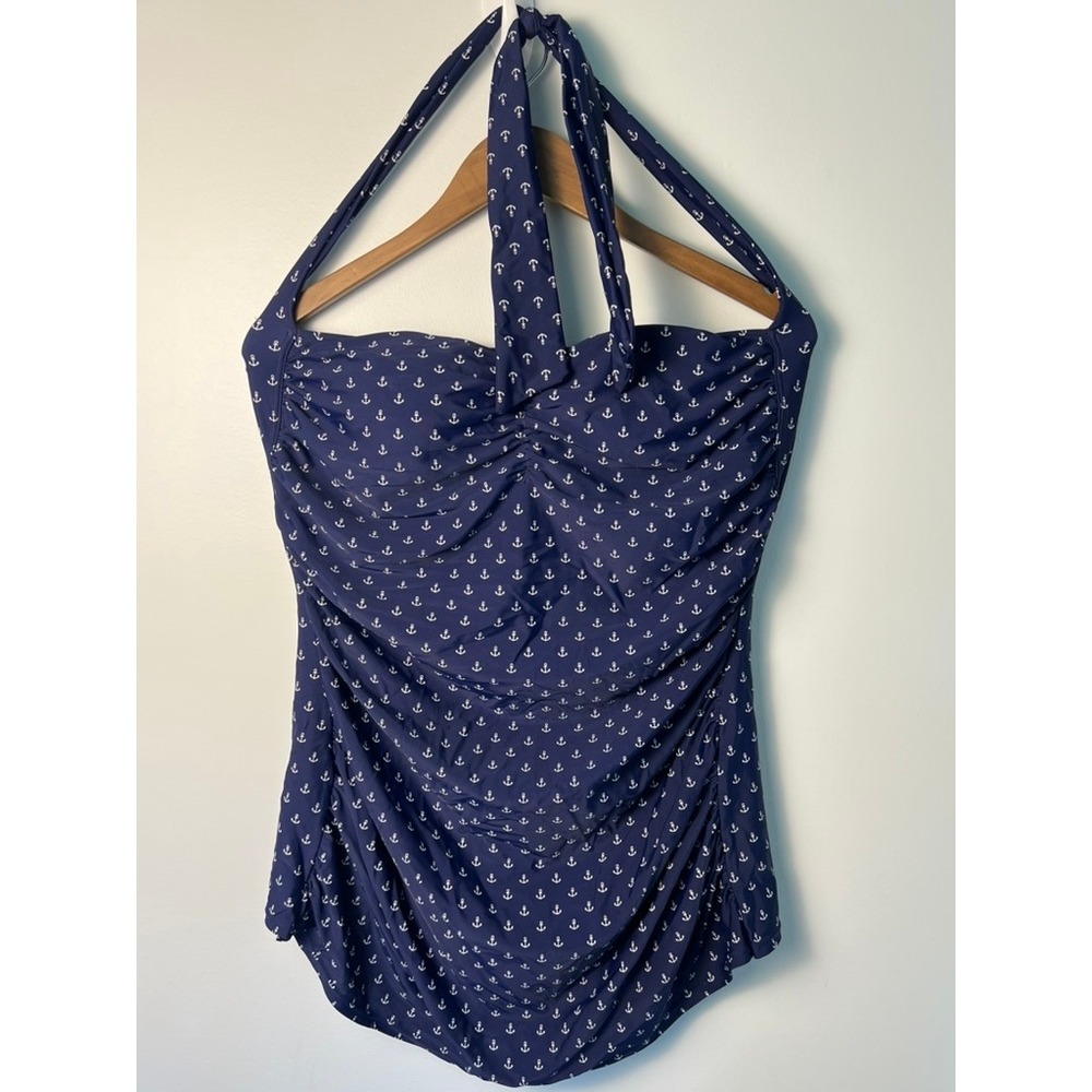Cocoship Swimsuit Wm 3XL Navy‎ Blue Anchor Print Retro Halter 50's Vtg One Piece